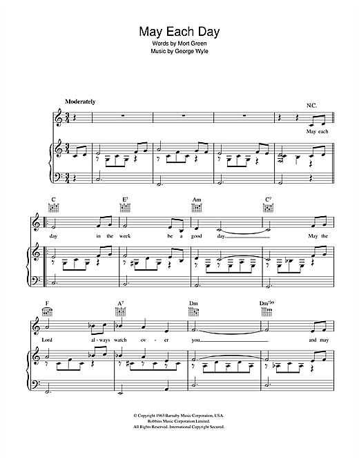 Preview George Wyle May Each Day Easy Listening sheet music, notes and chords for Piano, Vocal & Guitar (Right-Hand Melody), SKU: 41461 sheet music, piano notes, chords, guitar tabs, score, transpose, transcribe, how to play, guide, download, learn, tutorial, progression, song, artist, awards, billboard, mtv, vh1, tour, single, album, release