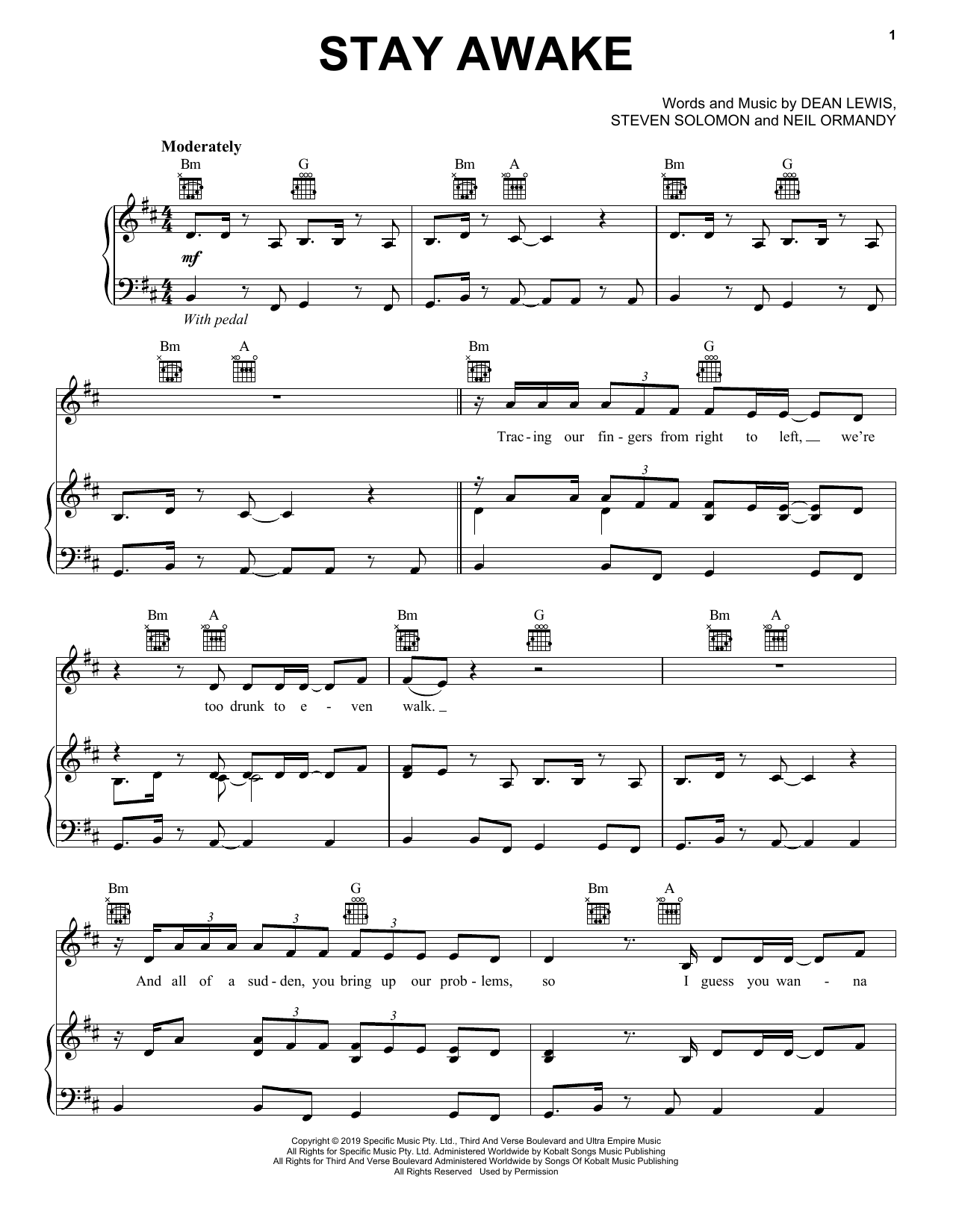 Preview Dean Lewis Stay Awake Pop sheet music, notes and chords for Piano, Vocal & Guitar (Right-Hand Melody), SKU: 414794 sheet music, piano notes, chords, guitar tabs, score, transpose, transcribe, how to play, guide, download, learn, tutorial, progression, song, artist, awards, billboard, mtv, vh1, tour, single, album, release