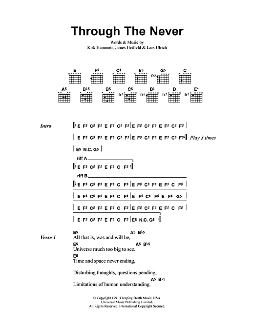 Preview Metallica Through The Never Metal sheet music, notes and chords for Lyrics & Chords, SKU: 41485 sheet music, piano notes, chords, guitar tabs, score, transpose, transcribe, how to play, guide, download, learn, tutorial, progression, song, artist, awards, billboard, mtv, vh1, tour, single, album, release