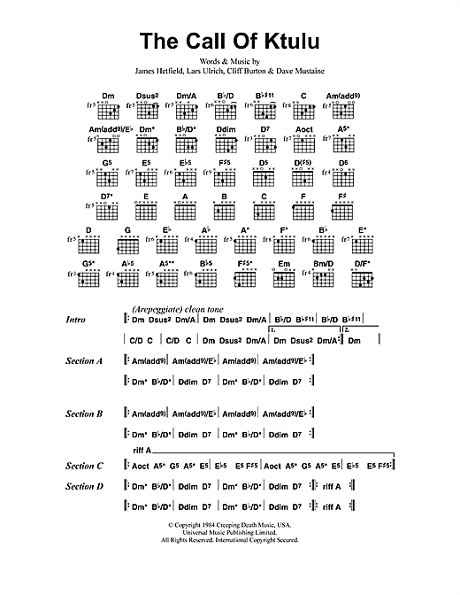 Preview Metallica The Call Of Ktulu Metal sheet music, notes and chords for Lyrics & Chords, SKU: 41486 sheet music, piano notes, chords, guitar tabs, score, transpose, transcribe, how to play, guide, download, learn, tutorial, progression, song, artist, awards, billboard, mtv, vh1, tour, single, album, release