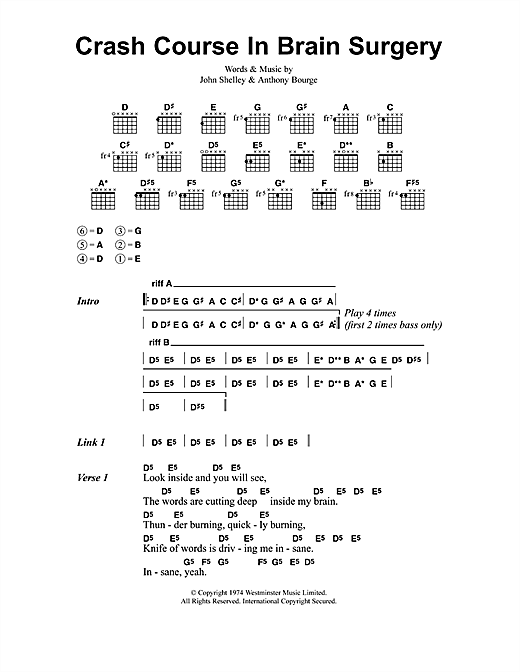 Preview Metallica Crash Course In Brain Surgery Metal sheet music, notes and chords for Lyrics & Chords, SKU: 41487 sheet music, piano notes, chords, guitar tabs, score, transpose, transcribe, how to play, guide, download, learn, tutorial, progression, song, artist, awards, billboard, mtv, vh1, tour, single, album, release