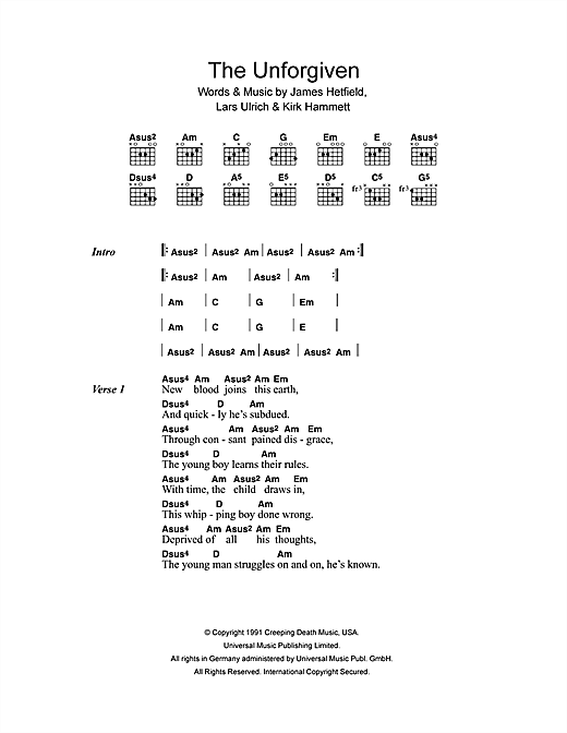 Preview Metallica The Unforgiven Metal sheet music, notes and chords for Lyrics & Chords, SKU: 41488 sheet music, piano notes, chords, guitar tabs, score, transpose, transcribe, how to play, guide, download, learn, tutorial, progression, song, artist, awards, billboard, mtv, vh1, tour, single, album, release