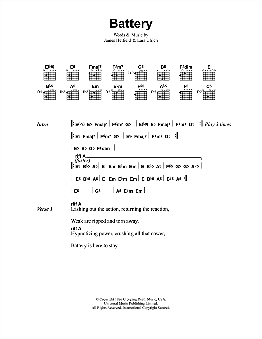 Preview Metallica Battery Metal sheet music, notes and chords for Lyrics & Chords, SKU: 41490 sheet music, piano notes, chords, guitar tabs, score, transpose, transcribe, how to play, guide, download, learn, tutorial, progression, song, artist, awards, billboard, mtv, vh1, tour, single, album, release