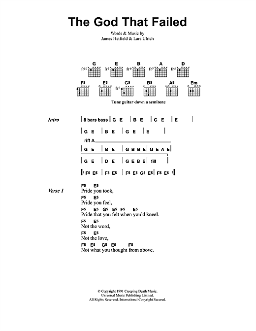 Preview Metallica The God That Failed Metal sheet music, notes and chords for Lyrics & Chords, SKU: 41497 sheet music, piano notes, chords, guitar tabs, score, transpose, transcribe, how to play, guide, download, learn, tutorial, progression, song, artist, awards, billboard, mtv, vh1, tour, single, album, release