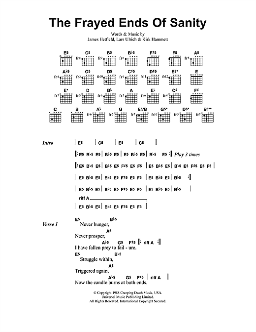 Preview Metallica The Frayed Ends Of Sanity Metal sheet music, notes and chords for Lyrics & Chords, SKU: 41500 sheet music, piano notes, chords, guitar tabs, score, transpose, transcribe, how to play, guide, download, learn, tutorial, progression, song, artist, awards, billboard, mtv, vh1, tour, single, album, release