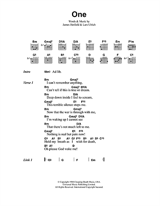 Preview Metallica One Metal sheet music, notes and chords for Lyrics & Chords, SKU: 41502 sheet music, piano notes, chords, guitar tabs, score, transpose, transcribe, how to play, guide, download, learn, tutorial, progression, song, artist, awards, billboard, mtv, vh1, tour, single, album, release