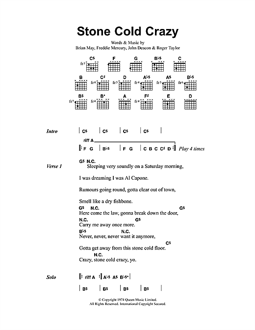 Preview Metallica Stone Cold Crazy Metal sheet music, notes and chords for Lyrics & Chords, SKU: 41504 sheet music, piano notes, chords, guitar tabs, score, transpose, transcribe, how to play, guide, download, learn, tutorial, progression, song, artist, awards, billboard, mtv, vh1, tour, single, album, release