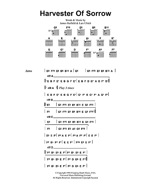 Preview Metallica Harvester Of Sorrow Metal sheet music, notes and chords for Lyrics & Chords, SKU: 41505 sheet music, piano notes, chords, guitar tabs, score, transpose, transcribe, how to play, guide, download, learn, tutorial, progression, song, artist, awards, billboard, mtv, vh1, tour, single, album, release