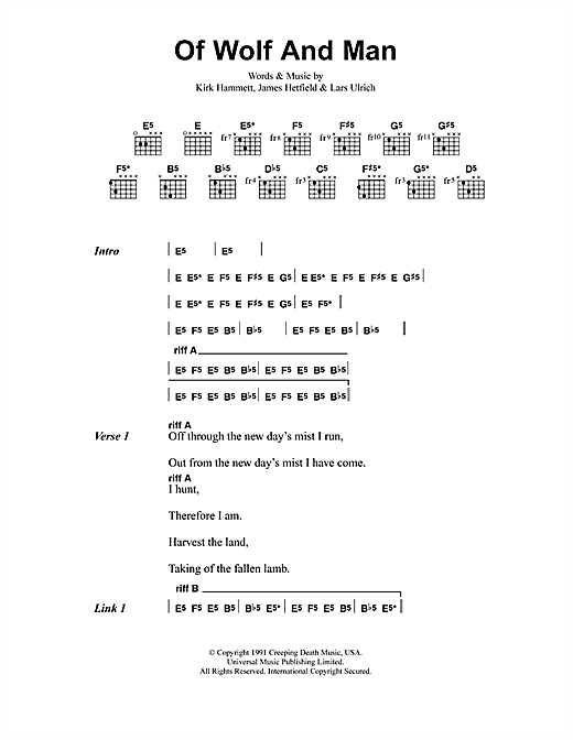 Preview Metallica Of Wolf And Man Metal sheet music, notes and chords for Lyrics & Chords, SKU: 41507 sheet music, piano notes, chords, guitar tabs, score, transpose, transcribe, how to play, guide, download, learn, tutorial, progression, song, artist, awards, billboard, mtv, vh1, tour, single, album, release