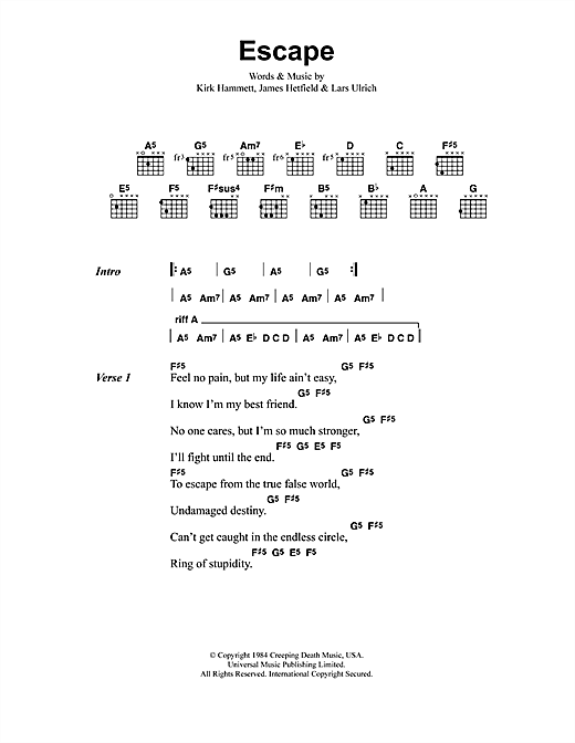Preview Metallica Escape Metal sheet music, notes and chords for Lyrics & Chords, SKU: 41508 sheet music, piano notes, chords, guitar tabs, score, transpose, transcribe, how to play, guide, download, learn, tutorial, progression, song, artist, awards, billboard, mtv, vh1, tour, single, album, release