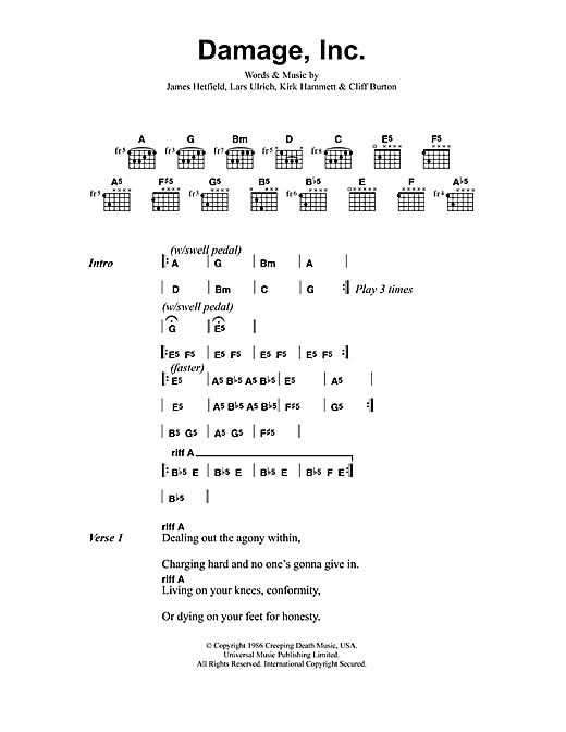 Preview Metallica Damage, Inc Metal sheet music, notes and chords for Lyrics & Chords, SKU: 41511 sheet music, piano notes, chords, guitar tabs, score, transpose, transcribe, how to play, guide, download, learn, tutorial, progression, song, artist, awards, billboard, mtv, vh1, tour, single, album, release