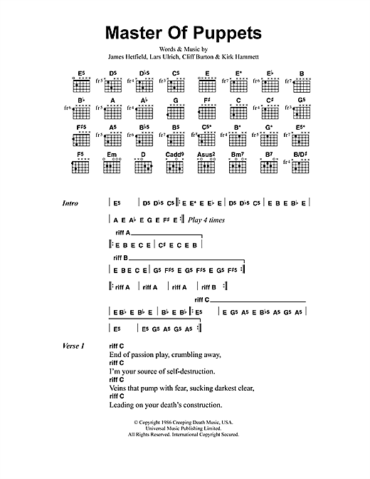 Preview Metallica Master Of Puppets Metal sheet music, notes and chords for Lyrics & Chords, SKU: 41512 sheet music, piano notes, chords, guitar tabs, score, transpose, transcribe, how to play, guide, download, learn, tutorial, progression, song, artist, awards, billboard, mtv, vh1, tour, single, album, release
