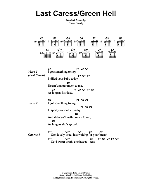 Preview Metallica Last Caress/Green Hell Metal sheet music, notes and chords for Lyrics & Chords, SKU: 41514 sheet music, piano notes, chords, guitar tabs, score, transpose, transcribe, how to play, guide, download, learn, tutorial, progression, song, artist, awards, billboard, mtv, vh1, tour, single, album, release