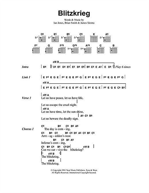 Preview Metallica Blitzkrieg Metal sheet music, notes and chords for Lyrics & Chords, SKU: 41518 sheet music, piano notes, chords, guitar tabs, score, transpose, transcribe, how to play, guide, download, learn, tutorial, progression, song, artist, awards, billboard, mtv, vh1, tour, single, album, release