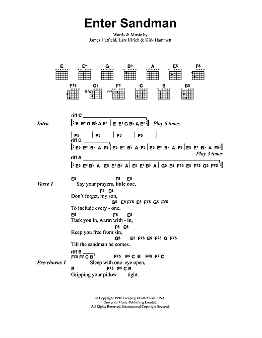 Preview Metallica Enter Sandman Metal sheet music, notes and chords for Lyrics & Chords, SKU: 41520 sheet music, piano notes, chords, guitar tabs, score, transpose, transcribe, how to play, guide, download, learn, tutorial, progression, song, artist, awards, billboard, mtv, vh1, tour, single, album, release