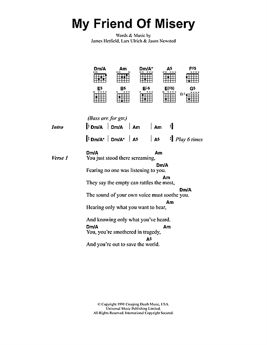 Preview Metallica My Friend Of Misery Metal sheet music, notes and chords for Lyrics & Chords, SKU: 41522 sheet music, piano notes, chords, guitar tabs, score, transpose, transcribe, how to play, guide, download, learn, tutorial, progression, song, artist, awards, billboard, mtv, vh1, tour, single, album, release
