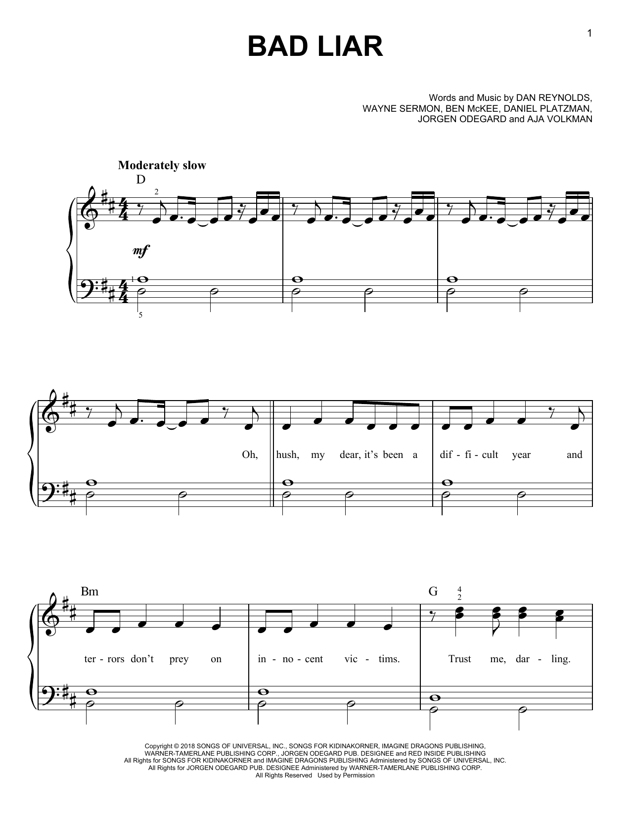 Preview Imagine Dragons Bad Liar Rock sheet music, notes and chords for Easy Piano, SKU: 415260 sheet music, piano notes, chords, guitar tabs, score, transpose, transcribe, how to play, guide, download, learn, tutorial, progression, song, artist, awards, billboard, mtv, vh1, tour, single, album, release