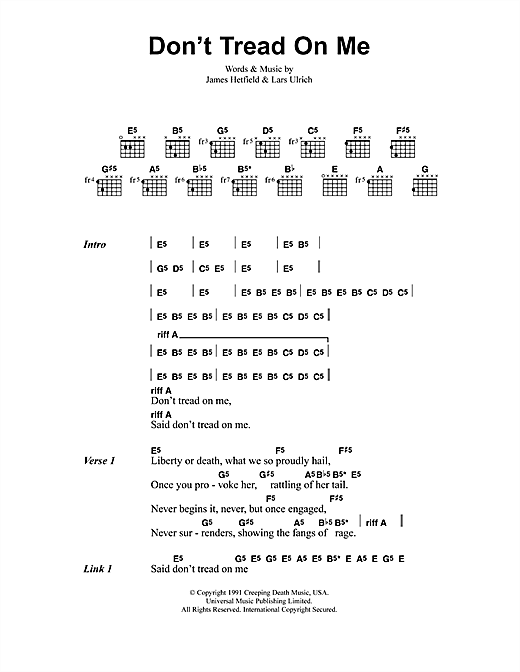 Preview Metallica Don't Tread On Me Metal sheet music, notes and chords for Lyrics & Chords, SKU: 41528 sheet music, piano notes, chords, guitar tabs, score, transpose, transcribe, how to play, guide, download, learn, tutorial, progression, song, artist, awards, billboard, mtv, vh1, tour, single, album, release