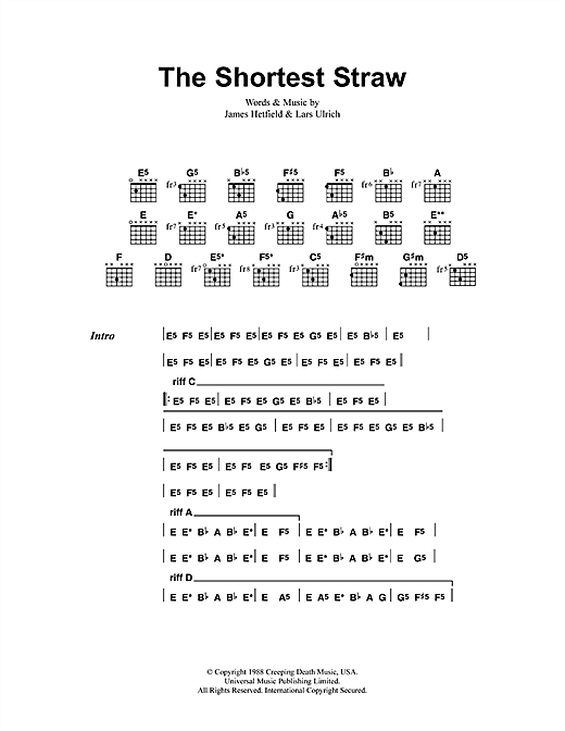Preview Metallica The Shortest Straw Metal sheet music, notes and chords for Lyrics & Chords, SKU: 41529 sheet music, piano notes, chords, guitar tabs, score, transpose, transcribe, how to play, guide, download, learn, tutorial, progression, song, artist, awards, billboard, mtv, vh1, tour, single, album, release
