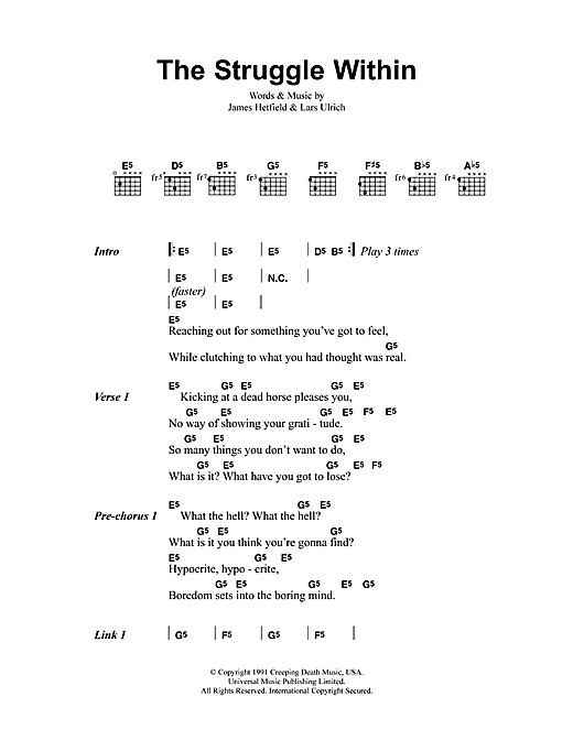 Preview Metallica The Struggle Within Metal sheet music, notes and chords for Lyrics & Chords, SKU: 41532 sheet music, piano notes, chords, guitar tabs, score, transpose, transcribe, how to play, guide, download, learn, tutorial, progression, song, artist, awards, billboard, mtv, vh1, tour, single, album, release