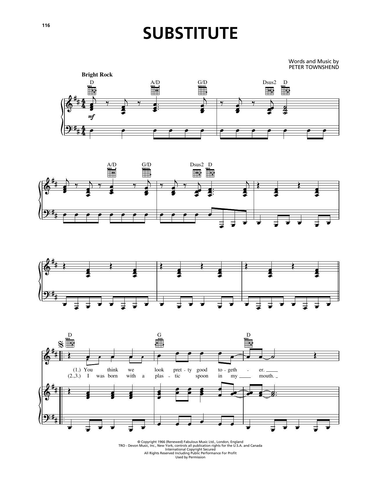 Preview The Who Substitute Rock sheet music, notes and chords for Piano, Vocal & Guitar (Right-Hand Melody), SKU: 415330 sheet music, piano notes, chords, guitar tabs, score, transpose, transcribe, how to play, guide, download, learn, tutorial, progression, song, artist, awards, billboard, mtv, vh1, tour, single, album, release