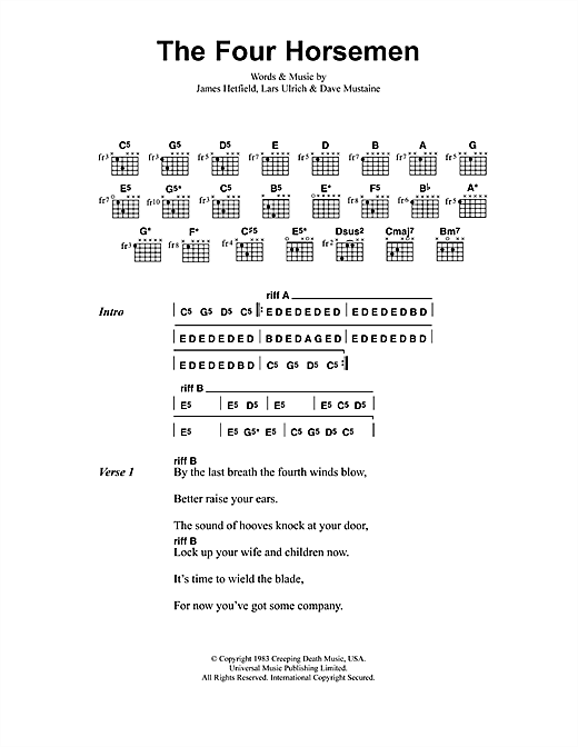 Preview Metallica The Four Horsemen Metal sheet music, notes and chords for Lyrics & Chords, SKU: 41535 sheet music, piano notes, chords, guitar tabs, score, transpose, transcribe, how to play, guide, download, learn, tutorial, progression, song, artist, awards, billboard, mtv, vh1, tour, single, album, release