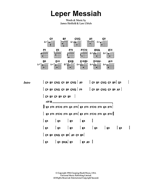 Preview Metallica Leper Messiah Metal sheet music, notes and chords for Lyrics & Chords, SKU: 41537 sheet music, piano notes, chords, guitar tabs, score, transpose, transcribe, how to play, guide, download, learn, tutorial, progression, song, artist, awards, billboard, mtv, vh1, tour, single, album, release