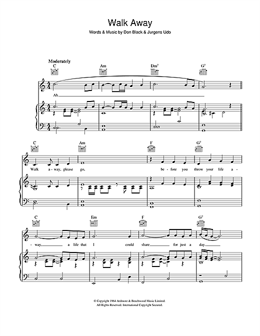 Preview Udo Jurgens Walk Away Easy Listening sheet music, notes and chords for Piano, Vocal & Guitar (Right-Hand Melody), SKU: 41539 sheet music, piano notes, chords, guitar tabs, score, transpose, transcribe, how to play, guide, download, learn, tutorial, progression, song, artist, awards, billboard, mtv, vh1, tour, single, album, release