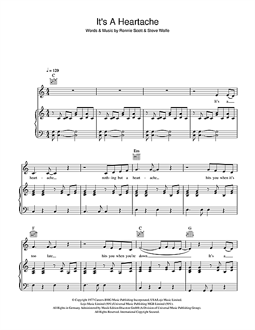 Preview Bonnie Tyler It's A Heartache Rock sheet music, notes and chords for Piano, Vocal & Guitar, SKU: 41543 sheet music, piano notes, chords, guitar tabs, score, transpose, transcribe, how to play, guide, download, learn, tutorial, progression, song, artist, awards, billboard, mtv, vh1, tour, single, album, release