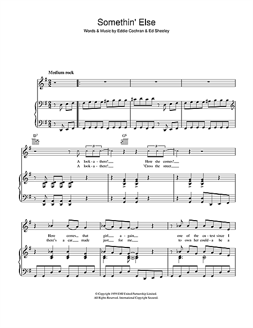 Preview Eddie Cochran Somethin' Else Rock N Roll sheet music, notes and chords for Piano, Vocal & Guitar (Right-Hand Melody), SKU: 41546 sheet music, piano notes, chords, guitar tabs, score, transpose, transcribe, how to play, guide, download, learn, tutorial, progression, song, artist, awards, billboard, mtv, vh1, tour, single, album, release