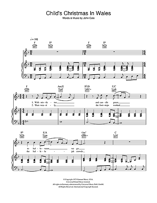 Preview John Cale Child's Christmas In Wales Pop sheet music, notes and chords for Piano, Vocal & Guitar, SKU: 41564 sheet music, piano notes, chords, guitar tabs, score, transpose, transcribe, how to play, guide, download, learn, tutorial, progression, song, artist, awards, billboard, mtv, vh1, tour, single, album, release