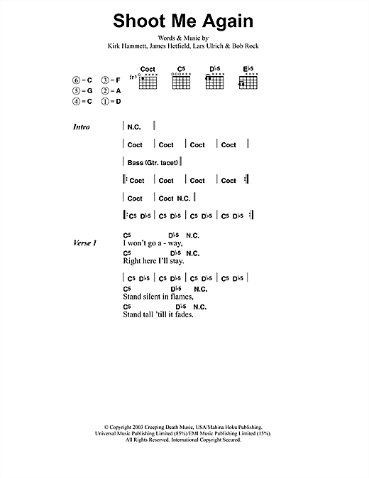 Preview Metallica Shoot Me Again Metal sheet music, notes and chords for Lyrics & Chords, SKU: 41569 sheet music, piano notes, chords, guitar tabs, score, transpose, transcribe, how to play, guide, download, learn, tutorial, progression, song, artist, awards, billboard, mtv, vh1, tour, single, album, release