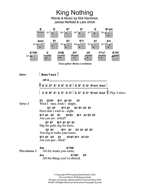 Preview Metallica King Nothing Metal sheet music, notes and chords for Lyrics & Chords, SKU: 41570 sheet music, piano notes, chords, guitar tabs, score, transpose, transcribe, how to play, guide, download, learn, tutorial, progression, song, artist, awards, billboard, mtv, vh1, tour, single, album, release