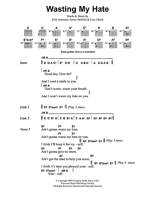 Preview Metallica Wasting My Hate Metal sheet music, notes and chords for Lyrics & Chords, SKU: 41574 sheet music, piano notes, chords, guitar tabs, score, transpose, transcribe, how to play, guide, download, learn, tutorial, progression, song, artist, awards, billboard, mtv, vh1, tour, single, album, release