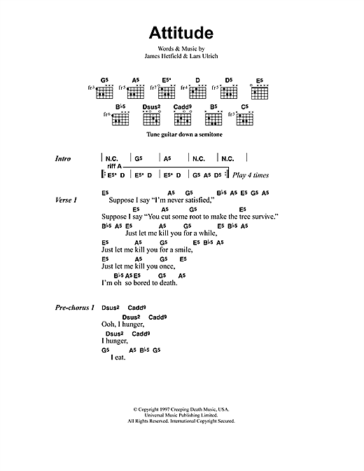 Preview Metallica Attitude Metal sheet music, notes and chords for Lyrics & Chords, SKU: 41575 sheet music, piano notes, chords, guitar tabs, score, transpose, transcribe, how to play, guide, download, learn, tutorial, progression, song, artist, awards, billboard, mtv, vh1, tour, single, album, release