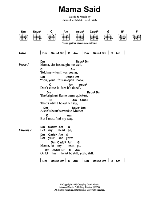 Preview Metallica Mama Said Metal sheet music, notes and chords for Lyrics & Chords, SKU: 41579 sheet music, piano notes, chords, guitar tabs, score, transpose, transcribe, how to play, guide, download, learn, tutorial, progression, song, artist, awards, billboard, mtv, vh1, tour, single, album, release