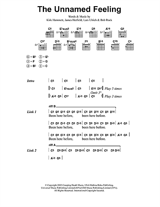 Preview Metallica The Unnamed Feeling Metal sheet music, notes and chords for Lyrics & Chords, SKU: 41582 sheet music, piano notes, chords, guitar tabs, score, transpose, transcribe, how to play, guide, download, learn, tutorial, progression, song, artist, awards, billboard, mtv, vh1, tour, single, album, release