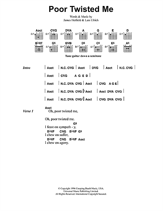 Preview Metallica Poor Twisted Me Metal sheet music, notes and chords for Lyrics & Chords, SKU: 41586 sheet music, piano notes, chords, guitar tabs, score, transpose, transcribe, how to play, guide, download, learn, tutorial, progression, song, artist, awards, billboard, mtv, vh1, tour, single, album, release