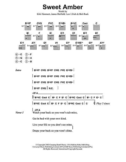 Preview Metallica Sweet Amber Metal sheet music, notes and chords for Lyrics & Chords, SKU: 41589 sheet music, piano notes, chords, guitar tabs, score, transpose, transcribe, how to play, guide, download, learn, tutorial, progression, song, artist, awards, billboard, mtv, vh1, tour, single, album, release