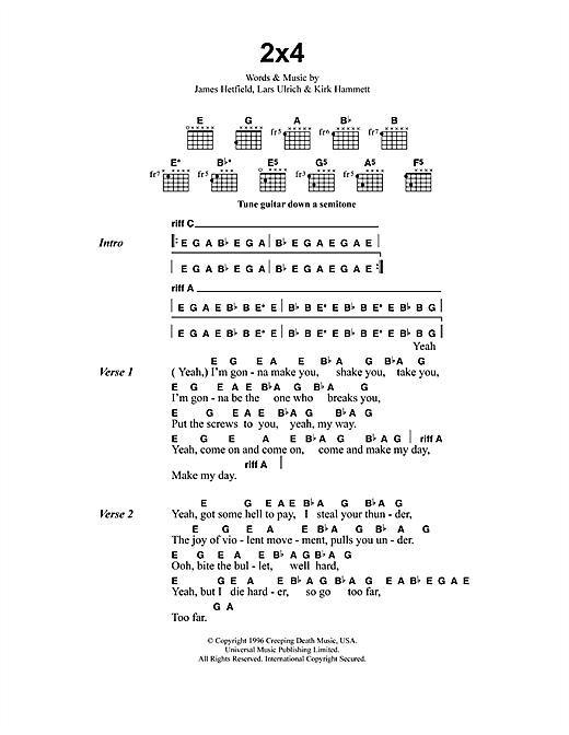 Preview Metallica 2x4 Metal sheet music, notes and chords for Lyrics & Chords, SKU: 41592 sheet music, piano notes, chords, guitar tabs, score, transpose, transcribe, how to play, guide, download, learn, tutorial, progression, song, artist, awards, billboard, mtv, vh1, tour, single, album, release