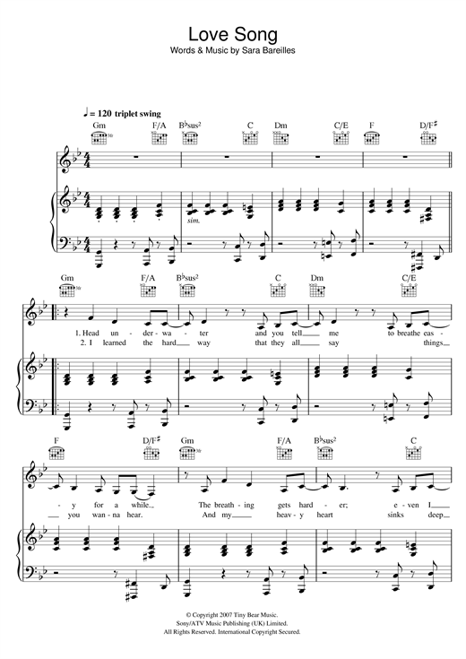 Preview Sara Bareilles Love Song Pop sheet music, notes and chords for Piano, Vocal & Guitar, SKU: 41597 sheet music, piano notes, chords, guitar tabs, score, transpose, transcribe, how to play, guide, download, learn, tutorial, progression, song, artist, awards, billboard, mtv, vh1, tour, single, album, release