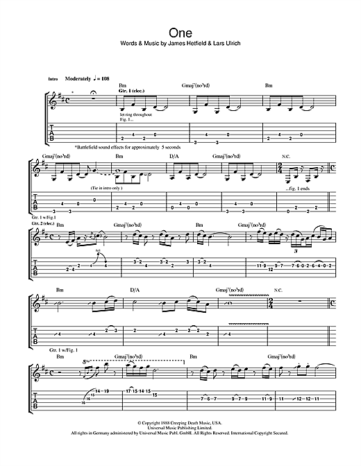 Preview Metallica One Metal sheet music, notes and chords for Guitar Tab, SKU: 41602 sheet music, piano notes, chords, guitar tabs, score, transpose, transcribe, how to play, guide, download, learn, tutorial, progression, song, artist, awards, billboard, mtv, vh1, tour, single, album, release