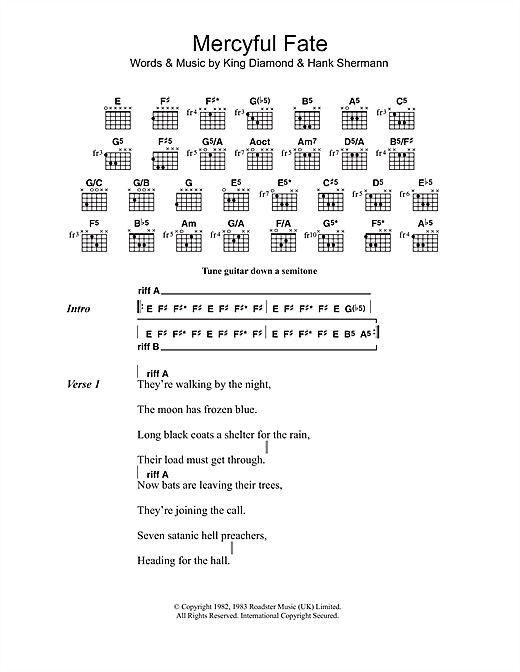 Preview Metallica Mercyful Fate Metal sheet music, notes and chords for Lyrics & Chords, SKU: 41607 sheet music, piano notes, chords, guitar tabs, score, transpose, transcribe, how to play, guide, download, learn, tutorial, progression, song, artist, awards, billboard, mtv, vh1, tour, single, album, release