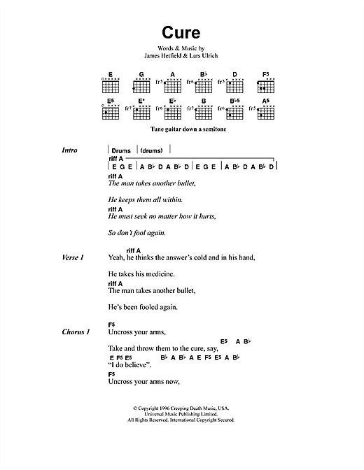 Preview Metallica Cure Metal sheet music, notes and chords for Lyrics & Chords, SKU: 41609 sheet music, piano notes, chords, guitar tabs, score, transpose, transcribe, how to play, guide, download, learn, tutorial, progression, song, artist, awards, billboard, mtv, vh1, tour, single, album, release