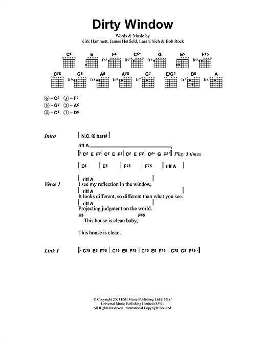 Preview Metallica Dirty Window Metal sheet music, notes and chords for Lyrics & Chords, SKU: 41613 sheet music, piano notes, chords, guitar tabs, score, transpose, transcribe, how to play, guide, download, learn, tutorial, progression, song, artist, awards, billboard, mtv, vh1, tour, single, album, release