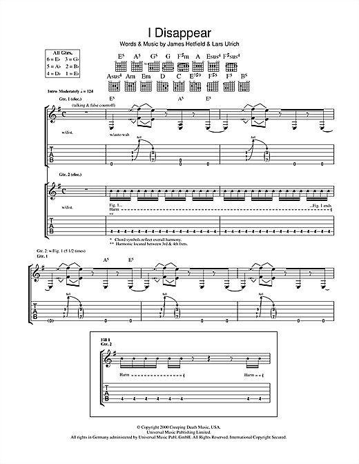 Preview Metallica I Disappear Metal sheet music, notes and chords for Guitar Tab, SKU: 41615 sheet music, piano notes, chords, guitar tabs, score, transpose, transcribe, how to play, guide, download, learn, tutorial, progression, song, artist, awards, billboard, mtv, vh1, tour, single, album, release