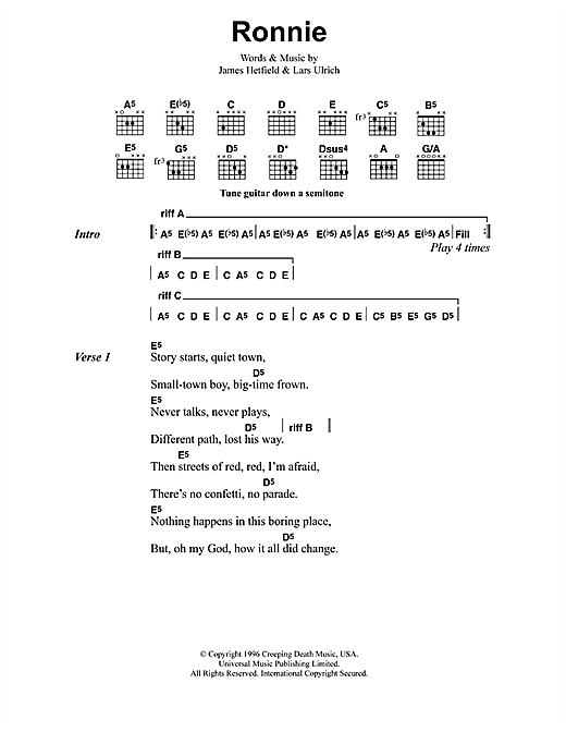Preview Metallica Ronnie Metal sheet music, notes and chords for Lyrics & Chords, SKU: 41617 sheet music, piano notes, chords, guitar tabs, score, transpose, transcribe, how to play, guide, download, learn, tutorial, progression, song, artist, awards, billboard, mtv, vh1, tour, single, album, release