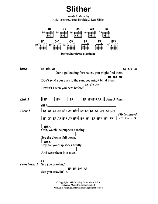 Preview Metallica Slither Metal sheet music, notes and chords for Lyrics & Chords, SKU: 41619 sheet music, piano notes, chords, guitar tabs, score, transpose, transcribe, how to play, guide, download, learn, tutorial, progression, song, artist, awards, billboard, mtv, vh1, tour, single, album, release
