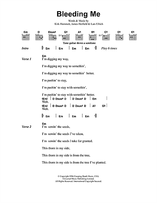 Preview Metallica Bleeding Me Metal sheet music, notes and chords for Lyrics & Chords, SKU: 41622 sheet music, piano notes, chords, guitar tabs, score, transpose, transcribe, how to play, guide, download, learn, tutorial, progression, song, artist, awards, billboard, mtv, vh1, tour, single, album, release