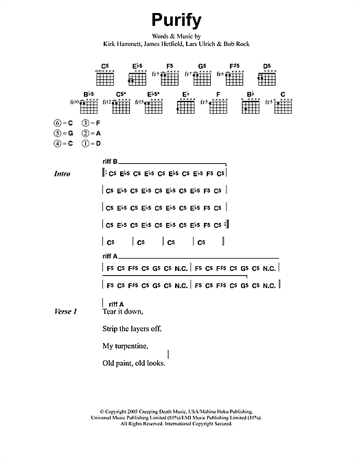 Preview Metallica Purify Metal sheet music, notes and chords for Lyrics & Chords, SKU: 41630 sheet music, piano notes, chords, guitar tabs, score, transpose, transcribe, how to play, guide, download, learn, tutorial, progression, song, artist, awards, billboard, mtv, vh1, tour, single, album, release